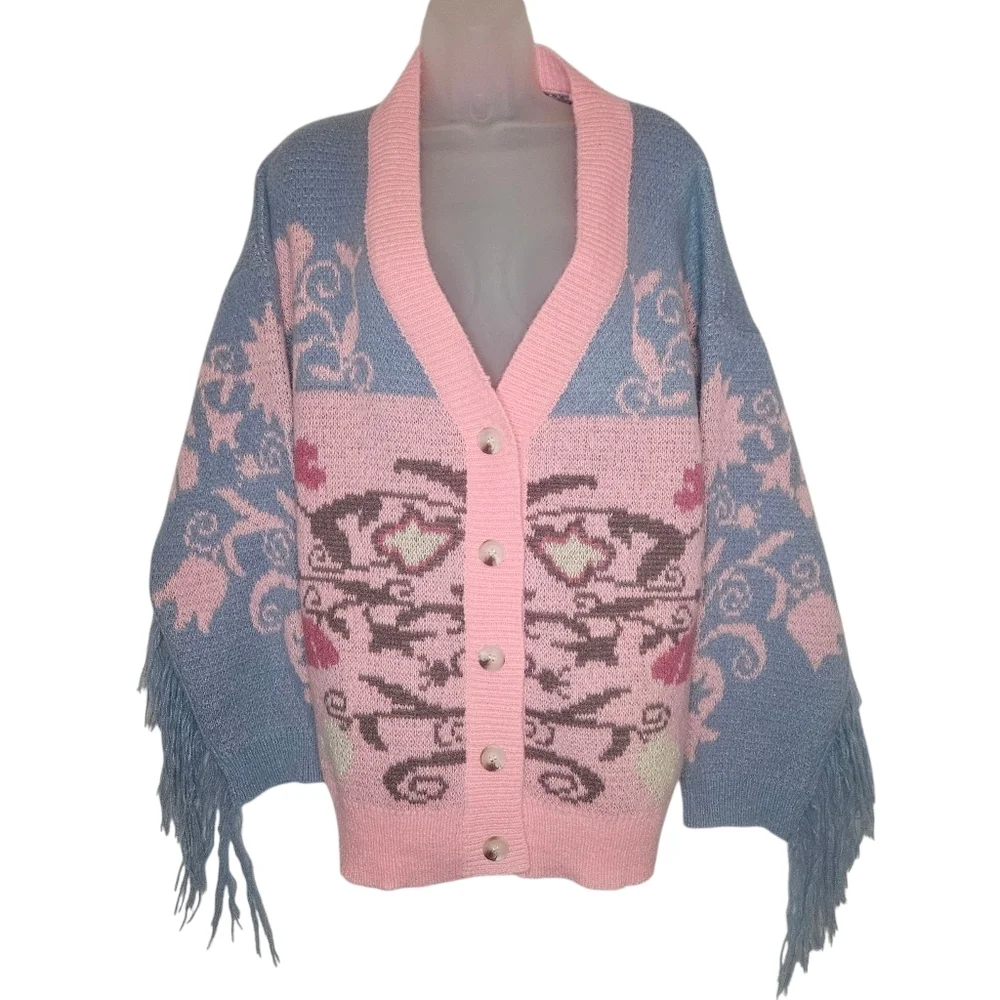 Nasty Gal Floral Fringe Knit Cardigan Pink Oversized Drop Sleeve  NWT PTP 24" - Picture 2 of 12